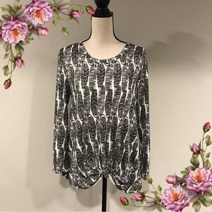 Front tie feather print long sleeve light sweater
